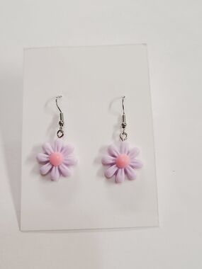 Lilac Daisy Drop Earrings with Pink Centers